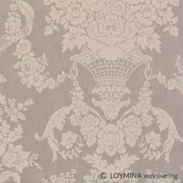 Флизелиновые обои "Bouquet" производства Loymina, арт.GT2 010, с классическим рисунком дамаска-медальона в серо-коричневых оттенках, заказать в интерент-магазине, онлайн оплата